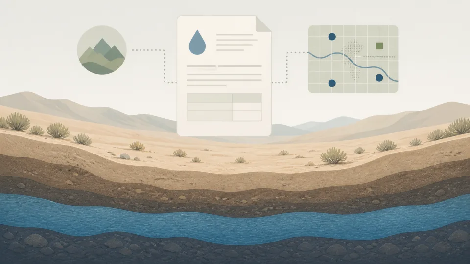 Conceptual illustration of groundwater layers and water-right records; not a depiction of a specific aquifer, permit or approved project.