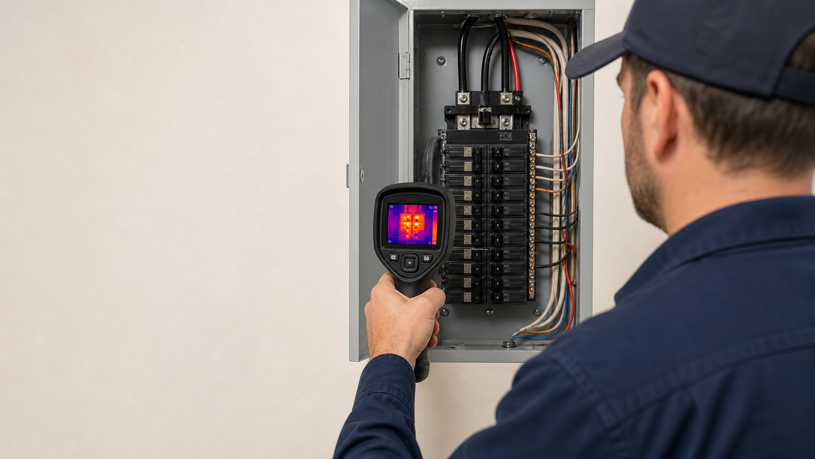 Home inspector using an infrared thermal imaging camera on an electrical panel