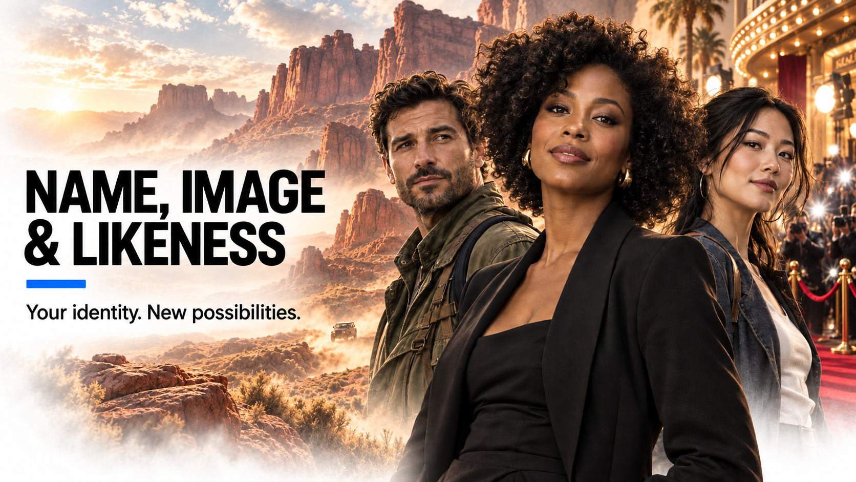 Name, Image & Likeness — Your identity. New possibilities. Three fictional adult characters against cinematic desert and premiere scenes.