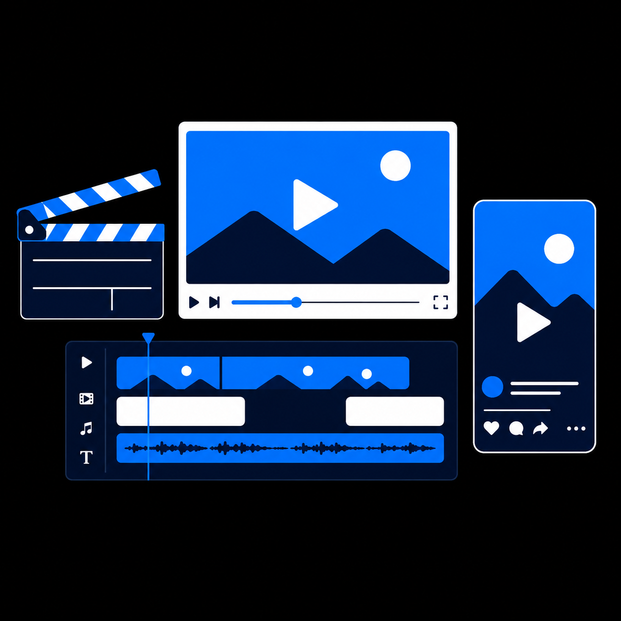 A video frame, editing timeline, clapperboard, and vertical social video layout.