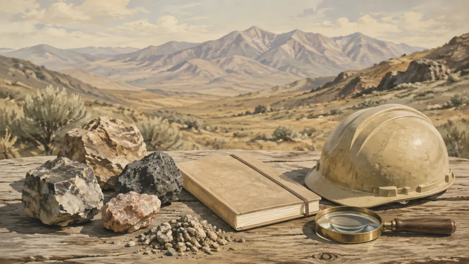 Non-documentary illustration of rock samples, a field notebook, hand lens and hard hat against a generic desert landscape.