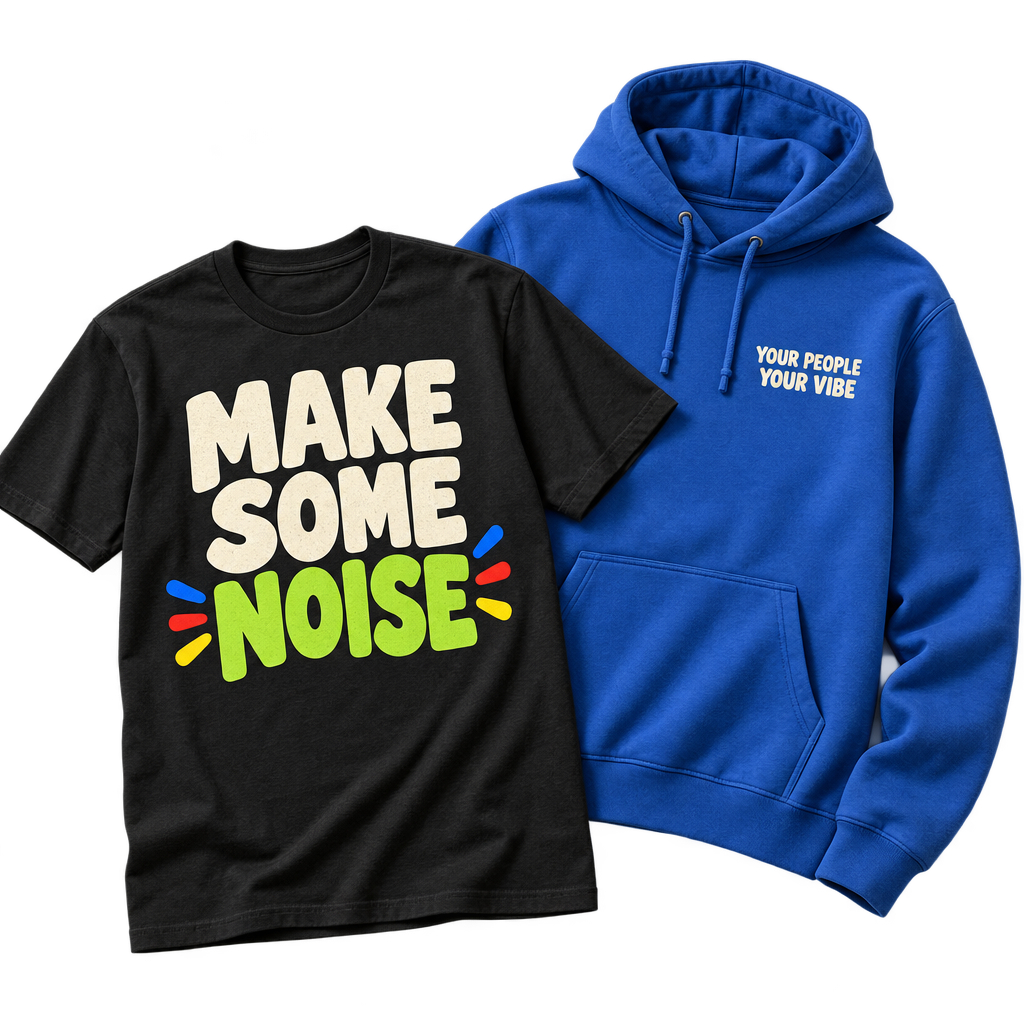 Realistic design concept of a black custom T-shirt beside a royal-blue hoodie