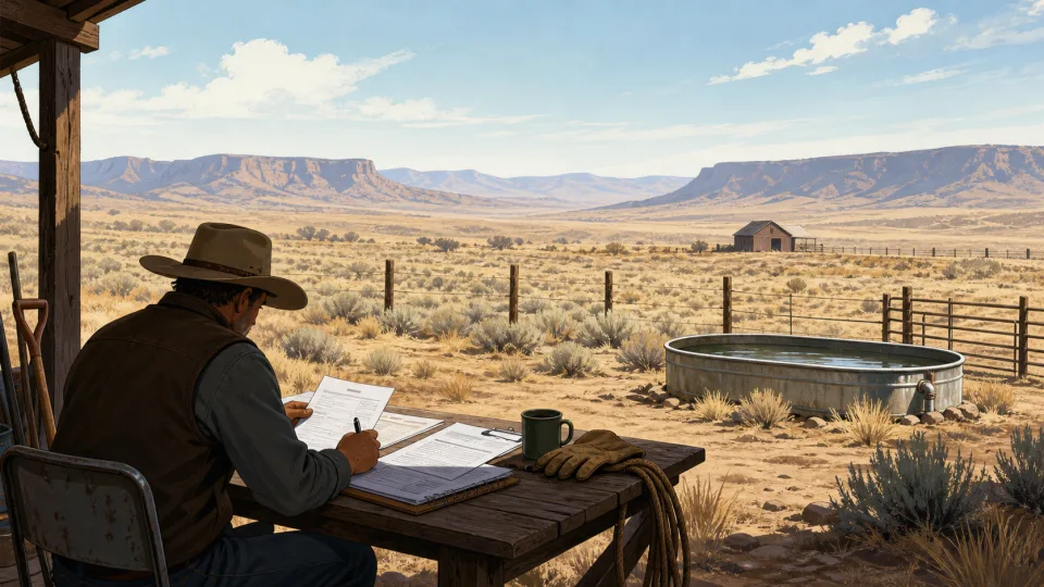 Non-documentary illustration of a rancher reviewing paperwork beside a high-desert farm.