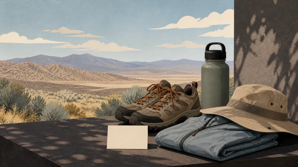 Non-documentary illustration of walking shoes, water, a sun hat and a blank reservation card prepared for a high-desert visit; not City or its location.