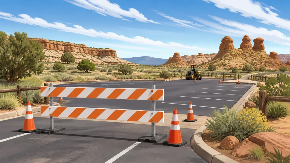 Non-documentary illustration of a temporary maintenance barricade at a generic high-desert park parking lot.